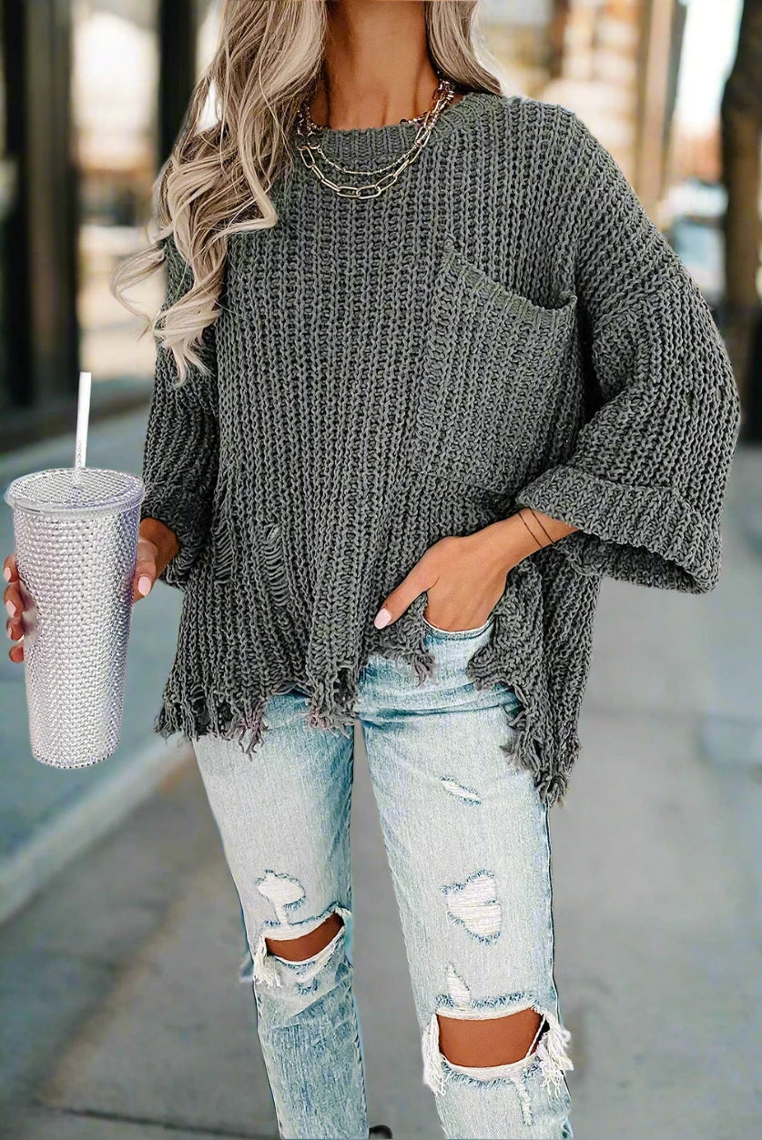 Alina Ripped Raw Hem Chunky Pullover Sweater Gray