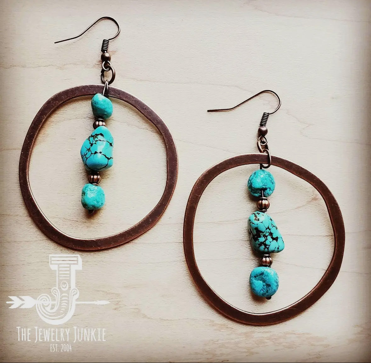 Copper Hoop Earrings with Blue Turquoise and Copper